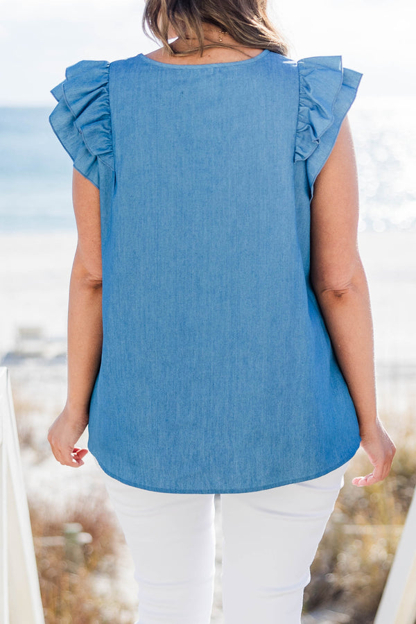 Chic Soul plus size clothing, light blue top with flutter sleeves and v-neckline