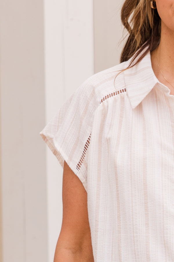 Plus Size natural and light pink striped button-down top with short sleeves and open-knit detailing.