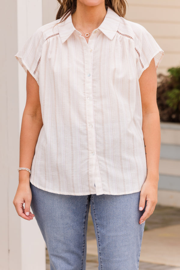 Plus Size natural and light pink striped button-down top with short sleeves and open-knit detailing.