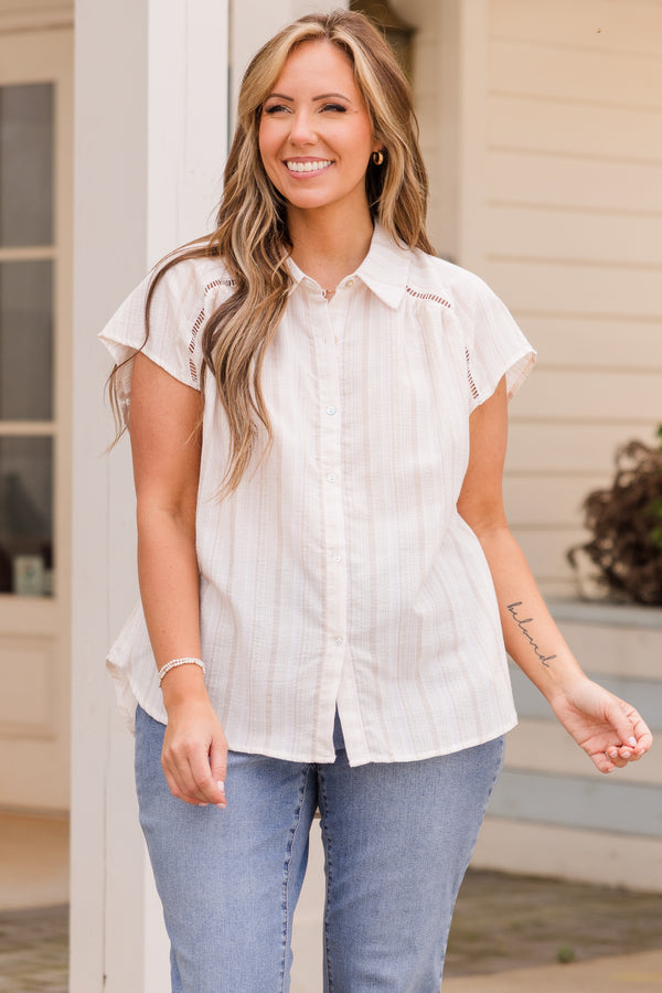Plus Size natural and light pink striped button-down top with short sleeves and open-knit detailing.