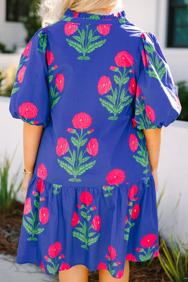 Chic Soul plus size clothing, bright blue short puff sleeve baby doll dress with bright pink and green floral print 