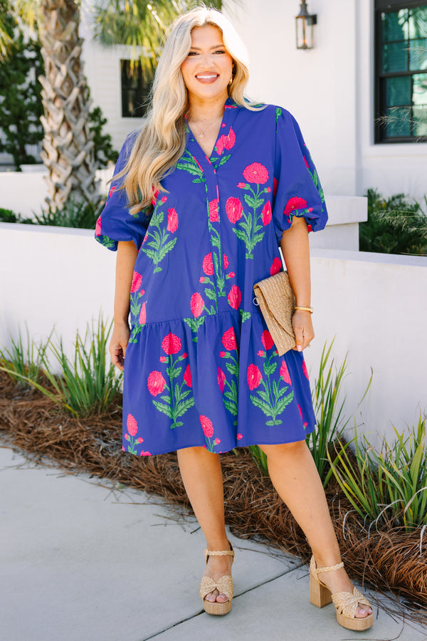 Chic Soul plus size clothing, bright blue short puff sleeve baby doll dress with bright pink and green floral print 