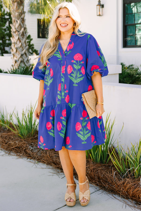 Chic Soul plus size clothing, bright blue short puff sleeve baby doll dress with bright pink and green floral print 
