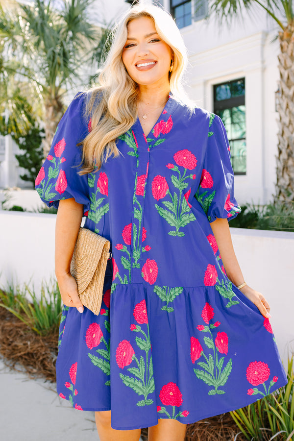 Chic Soul plus size clothing, bright blue short puff sleeve baby doll dress with bright pink and green floral print 