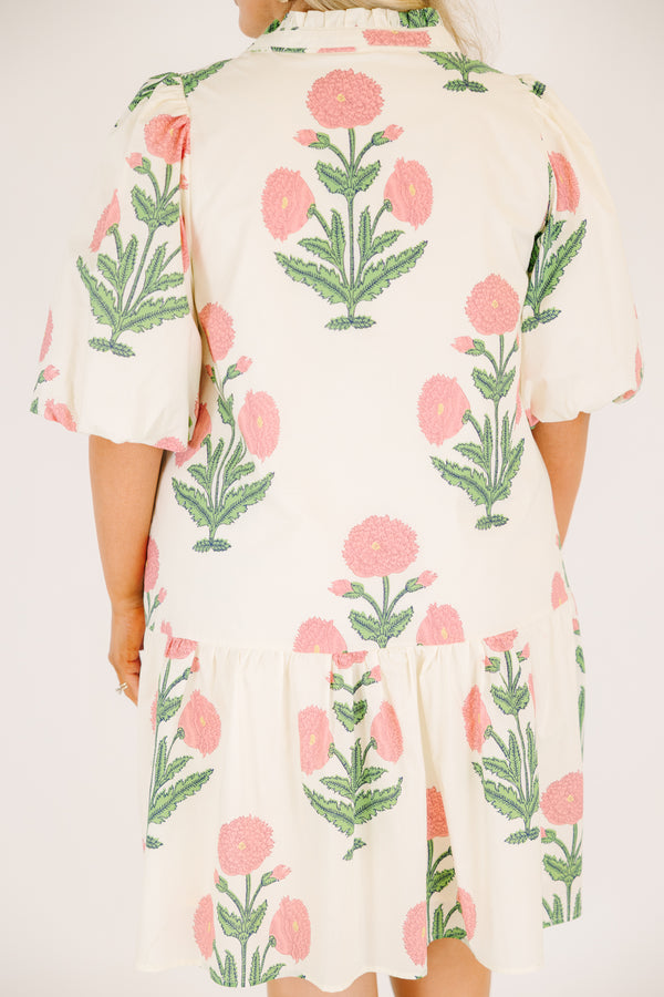 Chic Soul plus size clothing, white knee length dress with bubble sleeves and a pink and green floral block pattern 