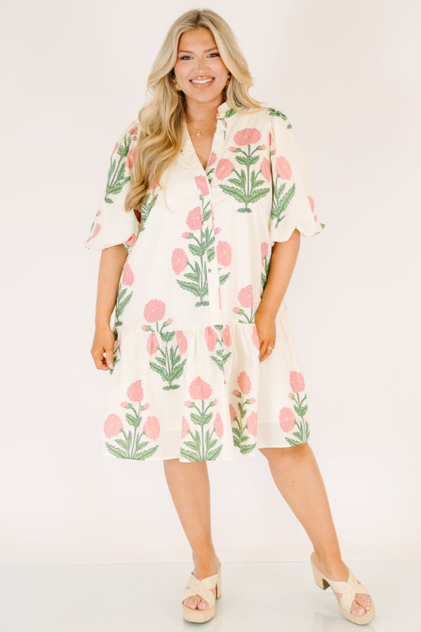 Chic Soul plus size clothing, white knee length dress with bubble sleeves and a pink and green floral block pattern 