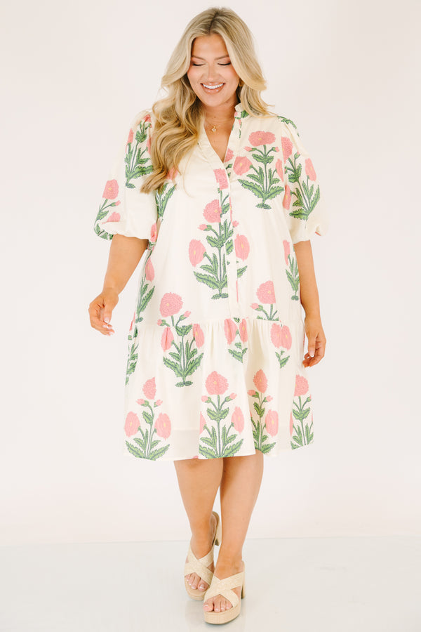 Chic Soul plus size clothing, white knee length dress with bubble sleeves and a pink and green floral block pattern 
