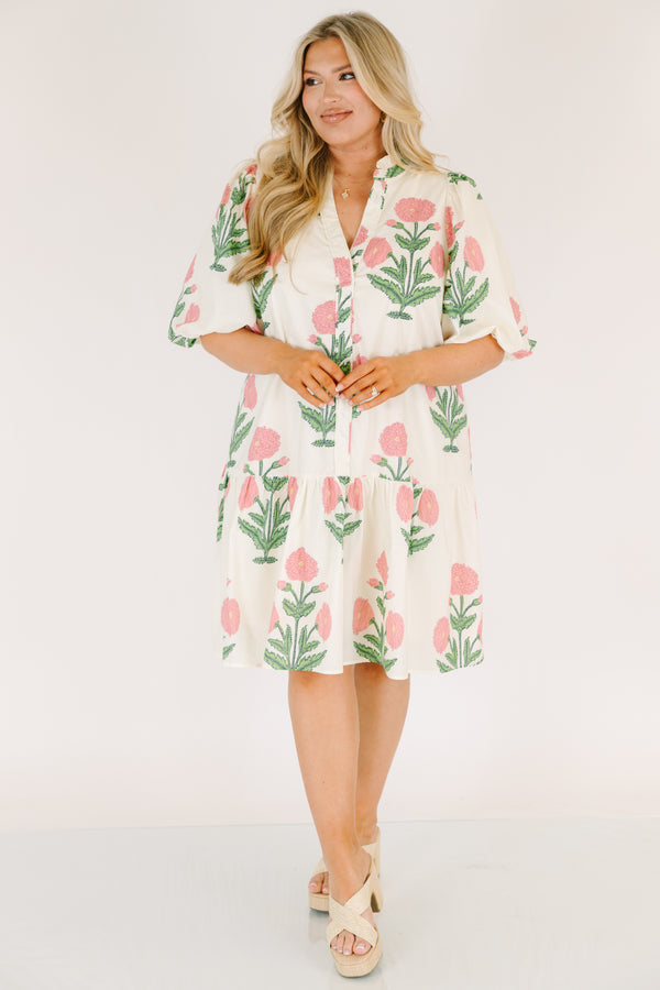 Chic Soul plus size clothing, white knee length dress with bubble sleeves and a pink and green floral block pattern 