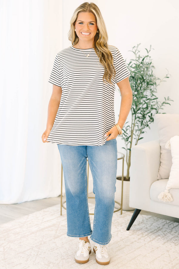 Chic Soul plus size clothing, short-sleeve black ivory top with a high-scoop-neckline and a minimalistic striped pattern 