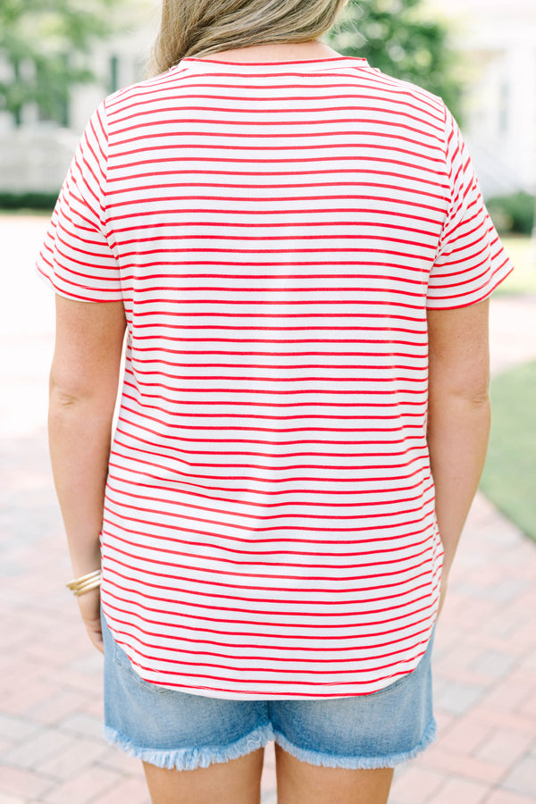 red and white striped plus size top with a relaxed fit and short sleeves.