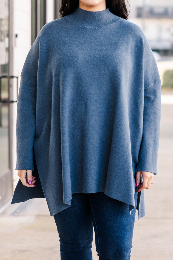 Chic Soul plus size clothing, turtle neck denim knit sweater with splits on each side