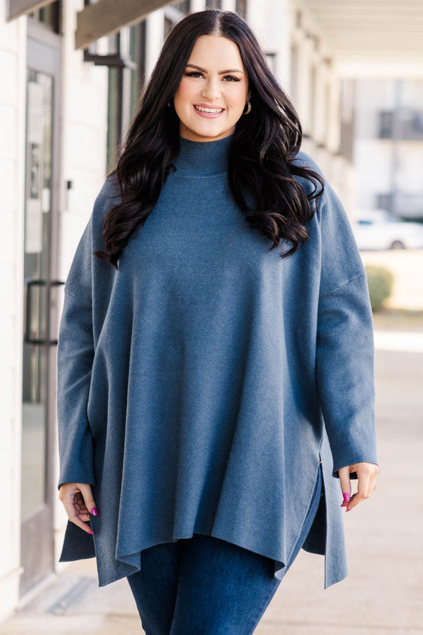 Chic Soul plus size clothing, turtle neck denim knit sweater with splits on each side