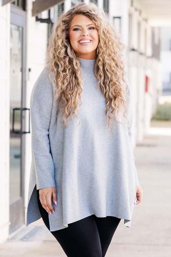 Chic Soul plus size clothing, heather grey knitted sweater with a turtleneck