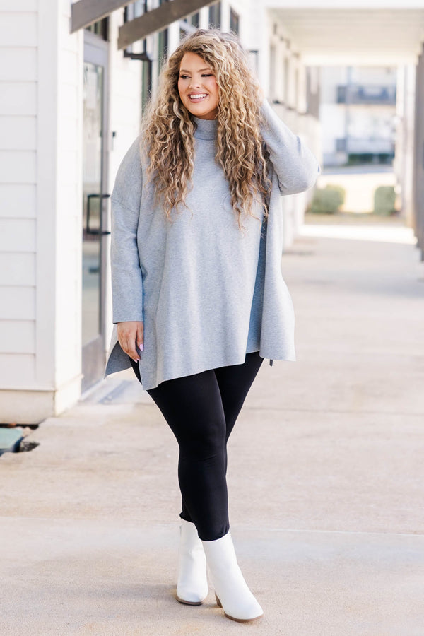 Chic Soul plus size clothing, heather grey knitted sweater with a turtleneck