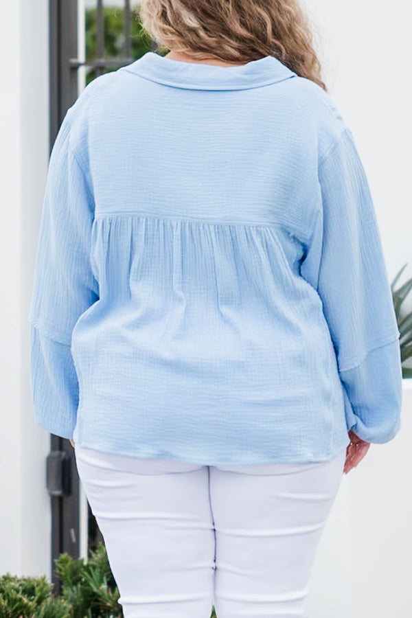 Chic Soul plus size clothing, blue textured top with balloon sleeves and v-neckline