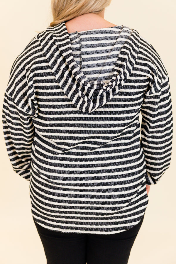 Chic Soul plus size clothing, black and white striped hoodie with curved hemline