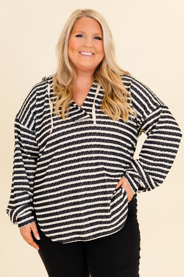 Chic Soul plus size clothing, black and white striped hoodie with curved hemline