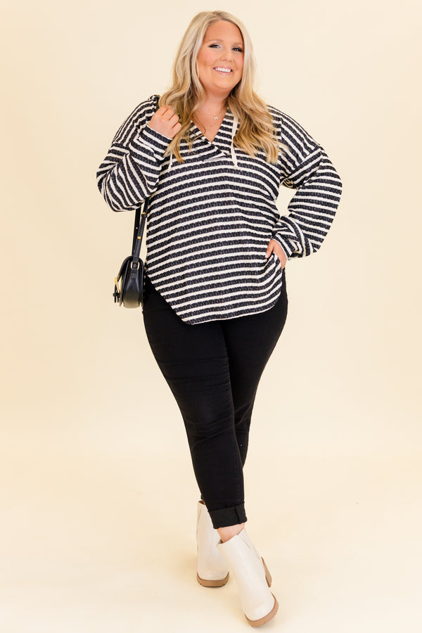 Chic Soul plus size clothing, black and white striped hoodie with curved hemline