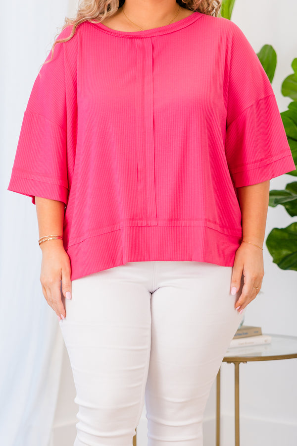 Chic Soul plus size clothing, short sleeve fuchsia top with distressed stitching on sleeves and top