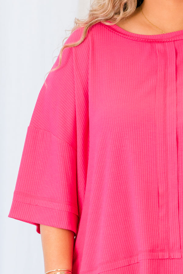 Chic Soul plus size clothing, short sleeve fuchsia top with distressed stitching on sleeves and top