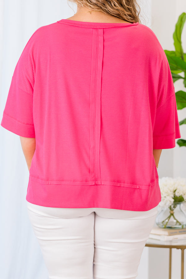 Chic Soul plus size clothing, short sleeve fuchsia top with distressed stitching on sleeves and top