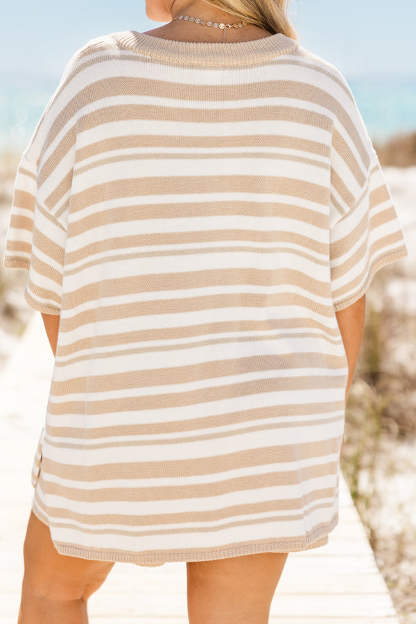 Chic Soul plus size clothing, short-sleeve beige and white striped matching henley top and short set with a buttoned v-neckline