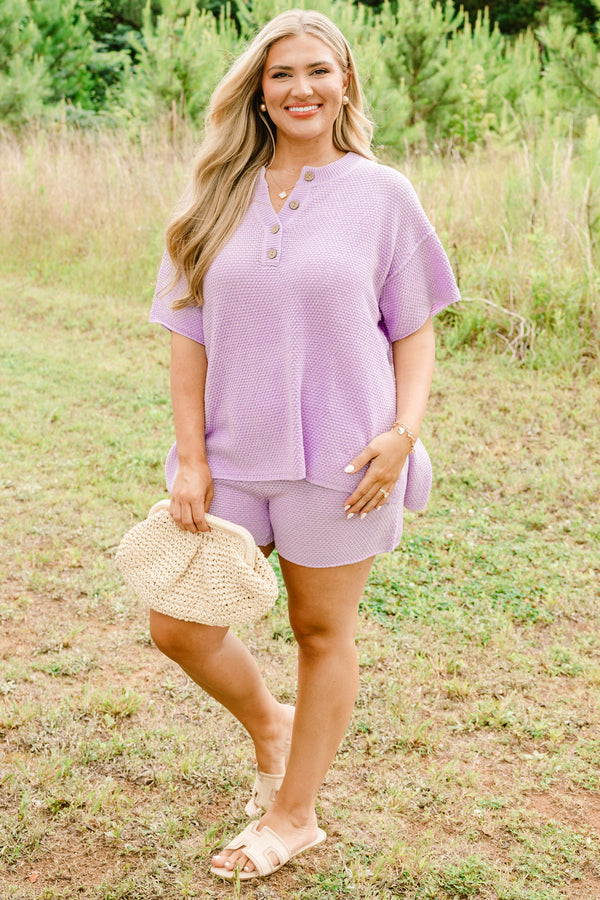 Chic Soul plus size clothing, lilac sweater set with shorts and a short sleeve top with buttons going down the neckline 