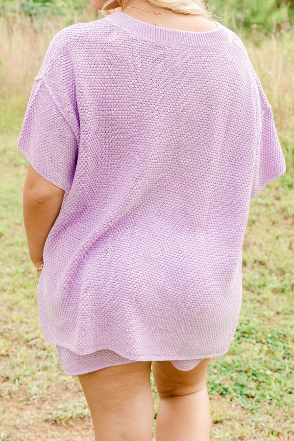 Chic Soul plus size clothing, lilac sweater set with shorts and a short sleeve top with buttons going down the neckline 