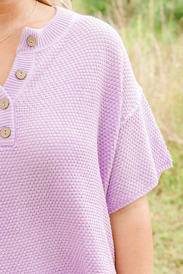 Chic Soul plus size clothing, lilac sweater set with shorts and a short sleeve top with buttons going down the neckline 