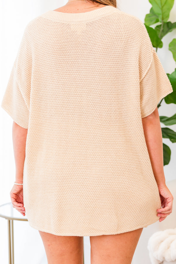 Chic Soul plus size clothing, short-sleeve knit beige top and shorts matching sweater set with henley brown button detailing on top 