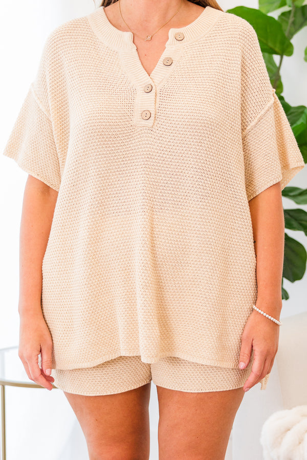 Chic Soul plus size clothing, short-sleeve knit beige top and shorts matching sweater set with henley brown button detailing on top 