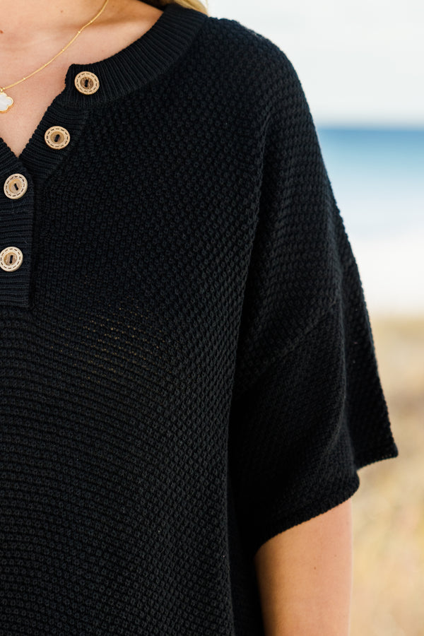Plus Size black sweater set with a short-sleeve henley top and matching elastic waistband shorts.