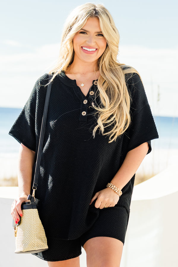 Plus Size black sweater set with a short-sleeve henley top and matching elastic waistband shorts.