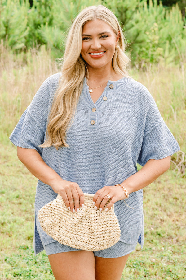 Chic Soul plus size clothing, powder blue casual knitted matching short sleeve half-button top and shorts