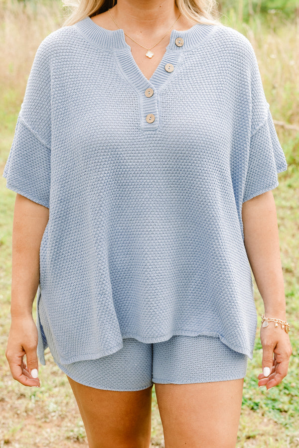 Chic Soul plus size clothing, powder blue casual knitted matching short sleeve half-button top and shorts