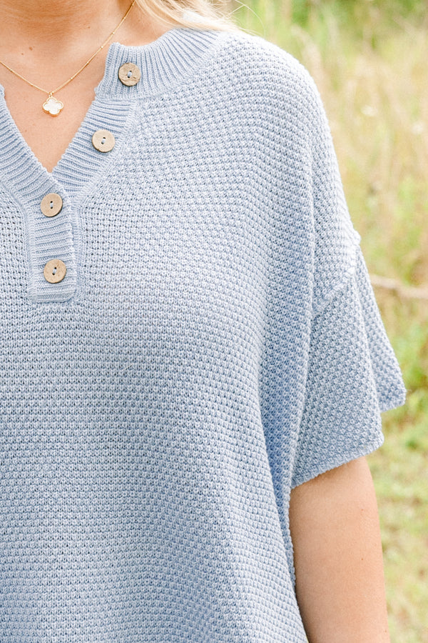 Chic Soul plus size clothing, powder blue casual knitted matching short sleeve half-button top and shorts