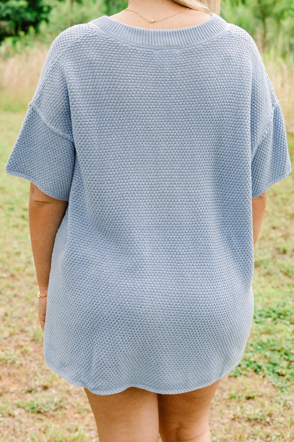Chic Soul plus size clothing, powder blue casual knitted matching short sleeve half-button top and shorts