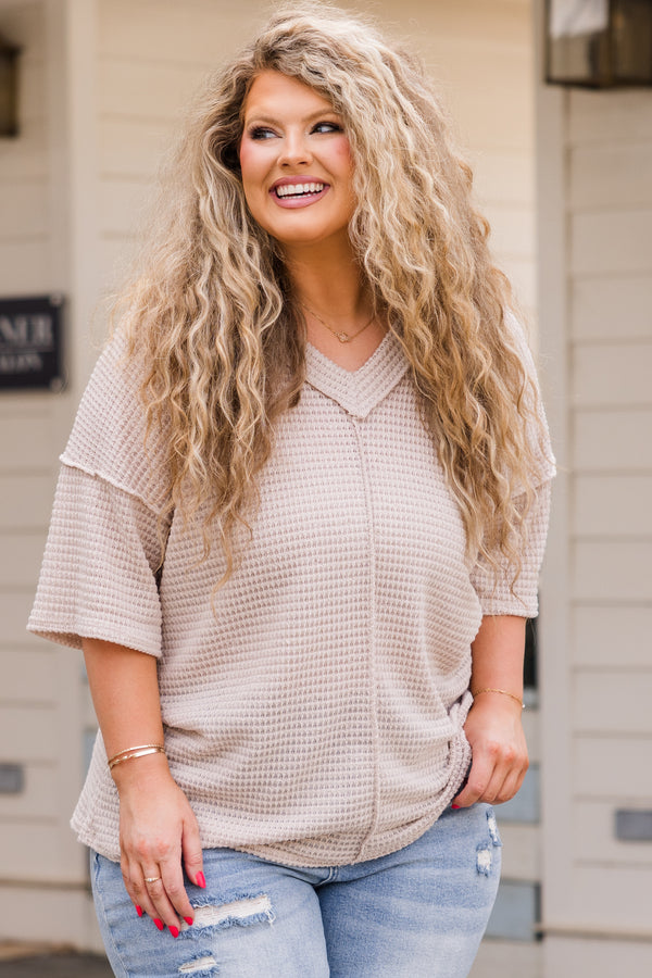 Chic Soul plus size clothing, short sleeve oatmeal waffle knit top with v-neckline and distressed seam details 