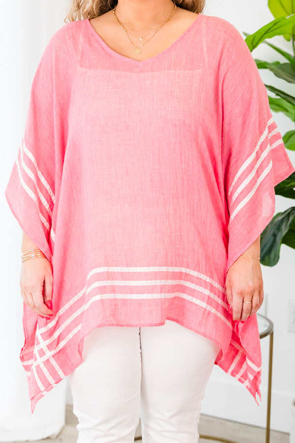 Chic Soul plus size clothing, raspberry tunic with stripes along edges and semi sheer material