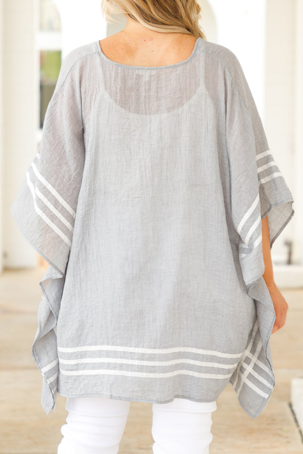 Chic Soul plus size clothing, gray sheer tunic with white stripes detailing