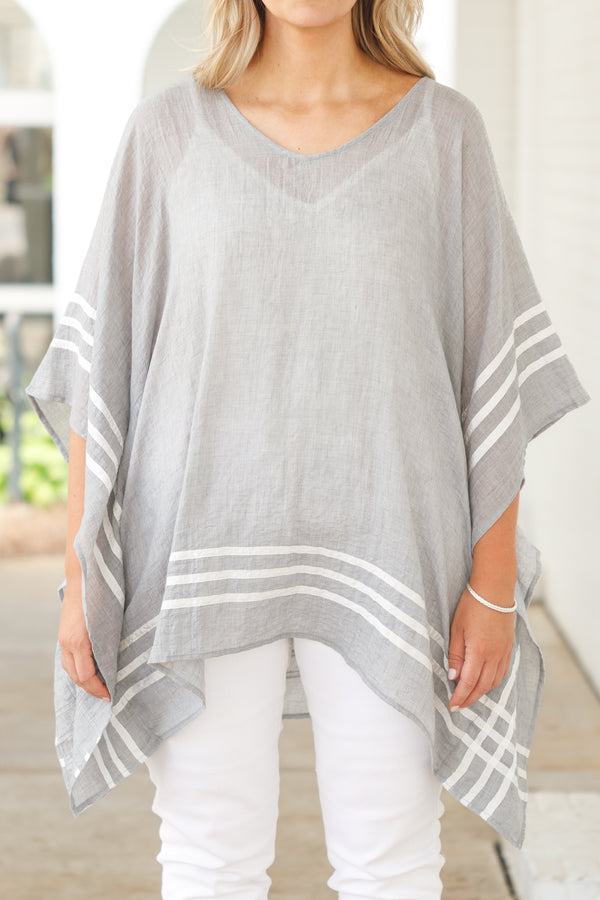 Chic Soul plus size clothing, gray sheer tunic with white stripes detailing