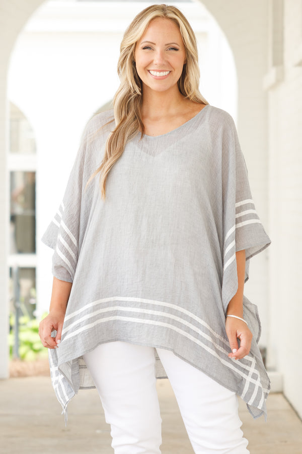 Chic Soul plus size clothing, gray sheer tunic with white stripes detailing
