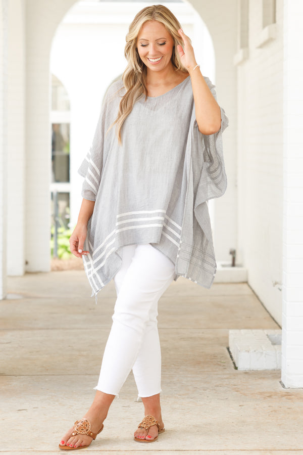Chic Soul plus size clothing, gray sheer tunic with white stripes detailing