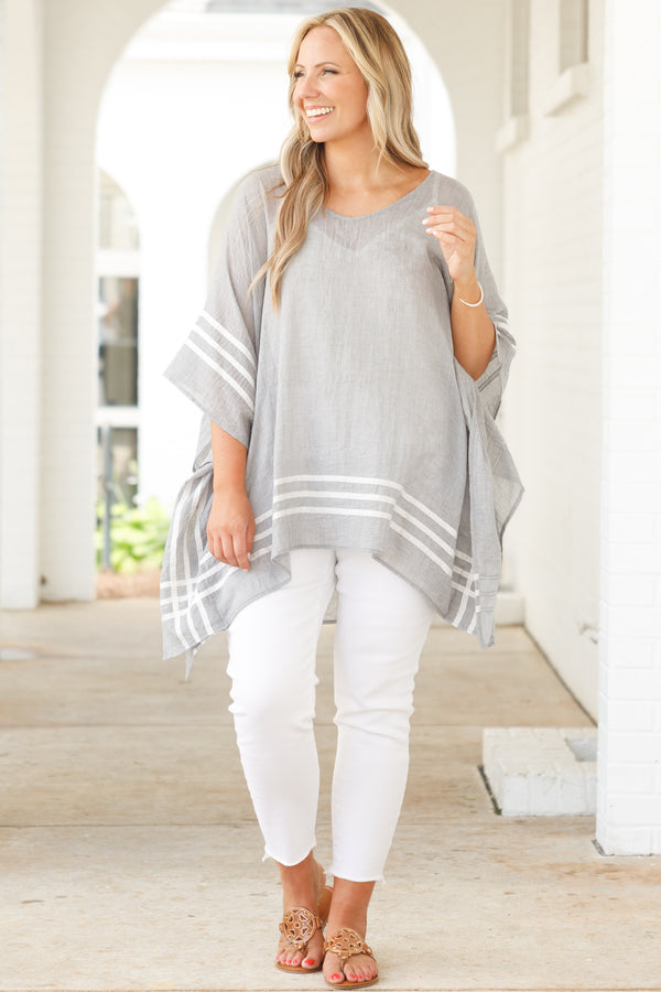 Chic Soul plus size clothing, gray sheer tunic with white stripes detailing