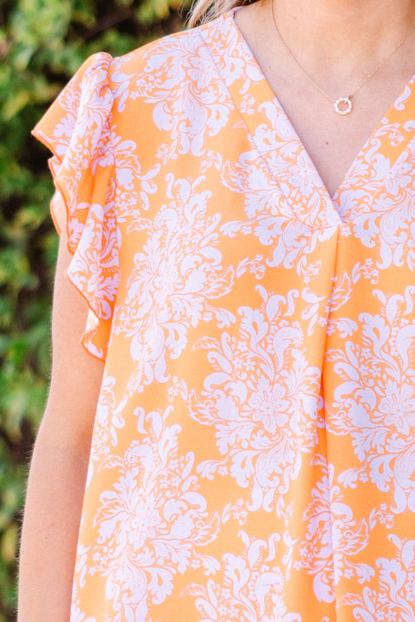 Chic Soul plus size clothing, orange and purple paisley floral print with ruffle short sleeves and v neckline top