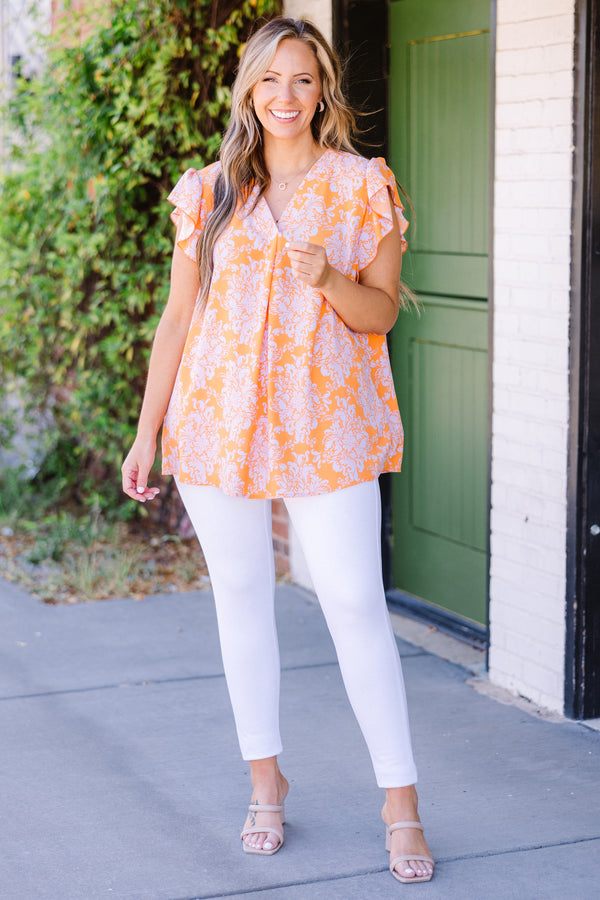 Chic Soul plus size clothing, orange and purple paisley floral print with ruffle short sleeves and v neckline top
