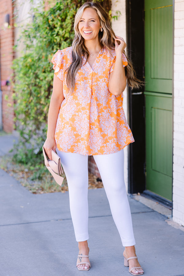 Chic Soul plus size clothing, orange and purple paisley floral print with ruffle short sleeves and v neckline top