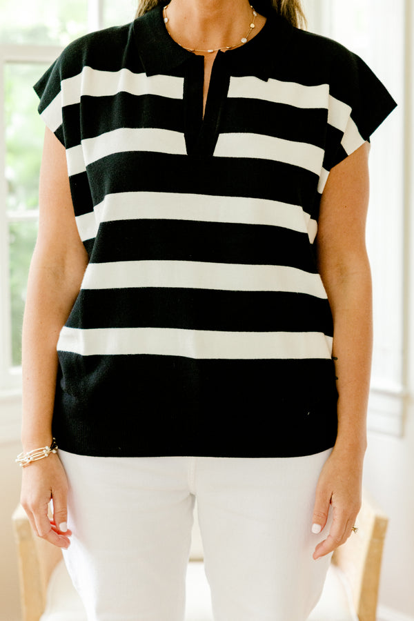Chic Soul plus size clothing, black short sleeve sweater top with v cutout along neckline with white stripe pattern