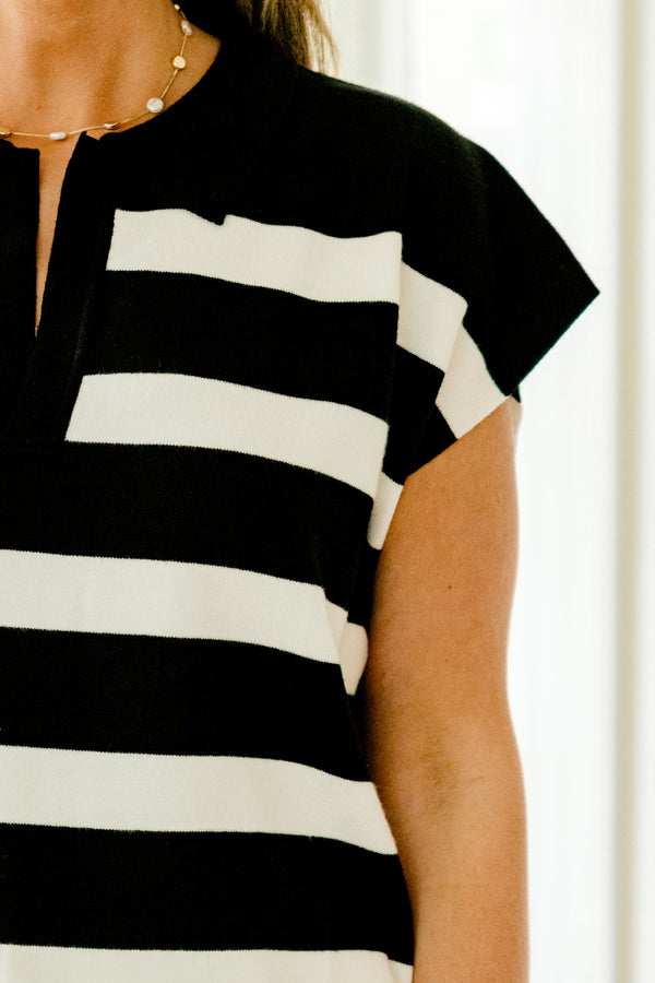 Chic Soul plus size clothing, black short sleeve sweater top with v cutout along neckline with white stripe pattern