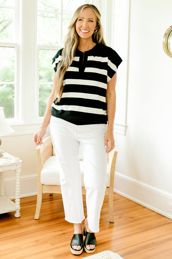 Chic Soul plus size clothing, black short sleeve sweater top with v cutout along neckline with white stripe pattern